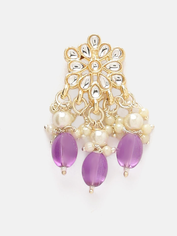 Priyaasi Purple Beads Kundan Floral Design Chocker Necklace with Simple Stud Earrings Jewellery Set