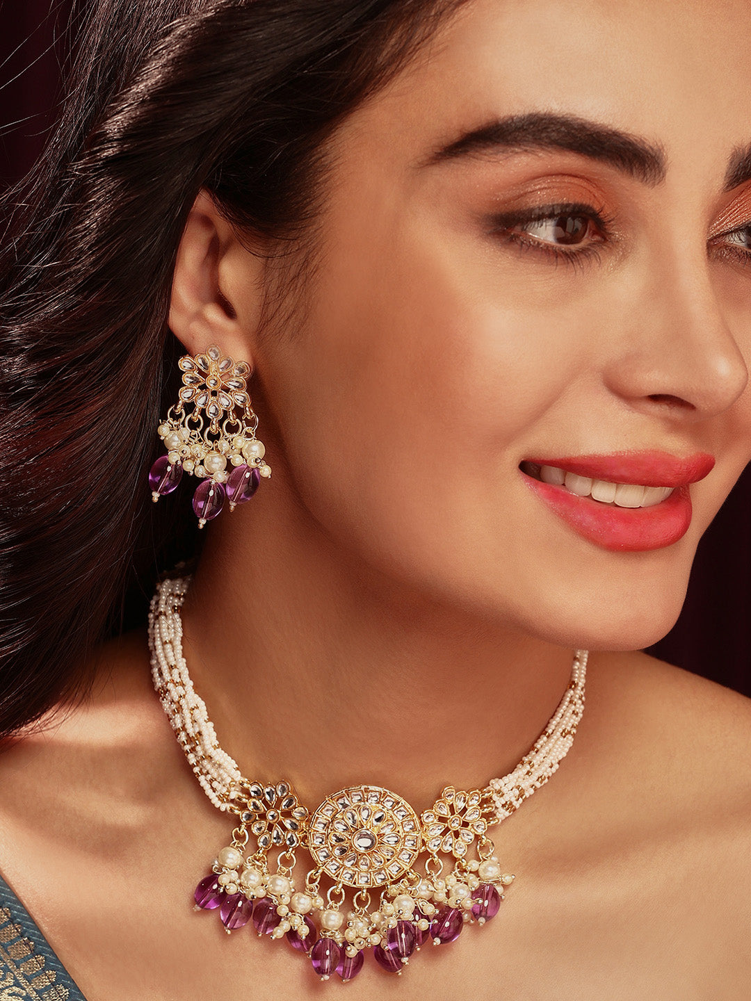 Priyaasi Purple Beads Kundan Floral Design Chocker Necklace with Simple Stud Earrings Jewellery Set