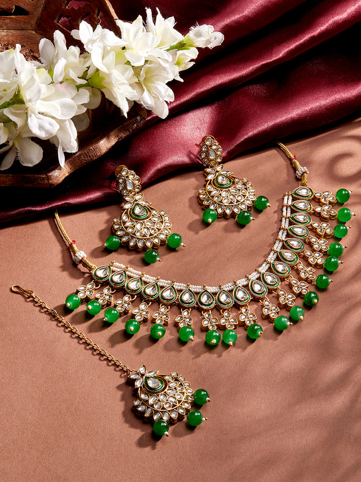 Priyaasi Magnificent Kundan Green Beads Necklace Chandbali Style Earrings with Elegant Maangtika