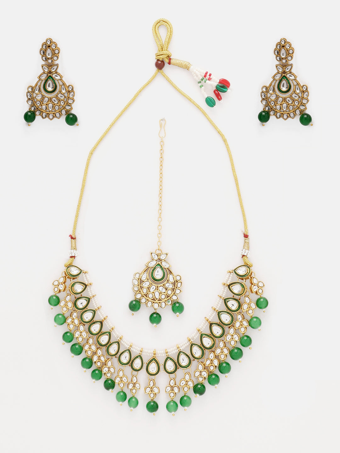 Priyaasi Magnificent Kundan Green Beads Necklace Chandbali Style Earrings with Elegant Maangtika