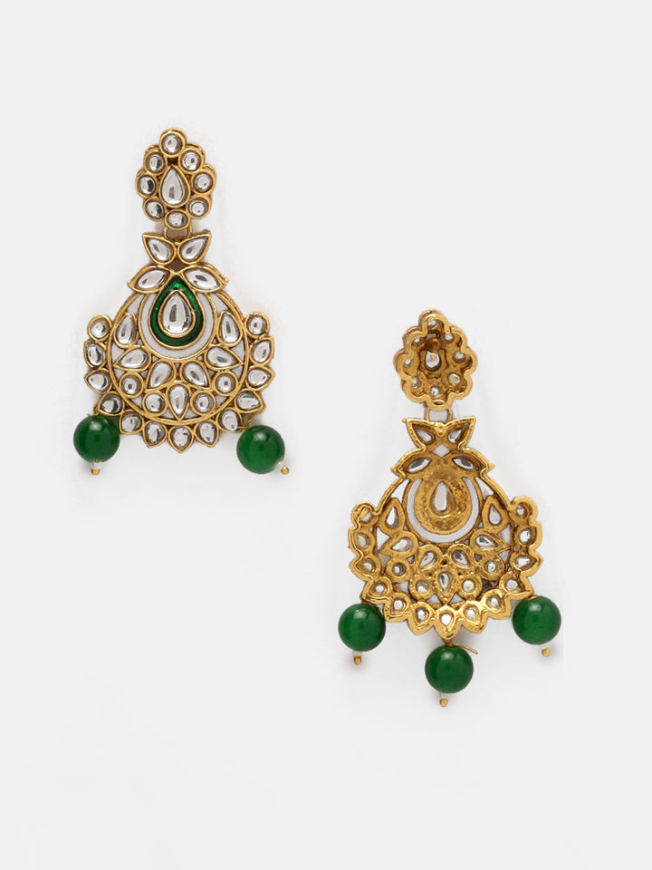 Priyaasi Magnificent Kundan Green Beads Necklace Chandbali Style Earrings with Elegant Maangtika