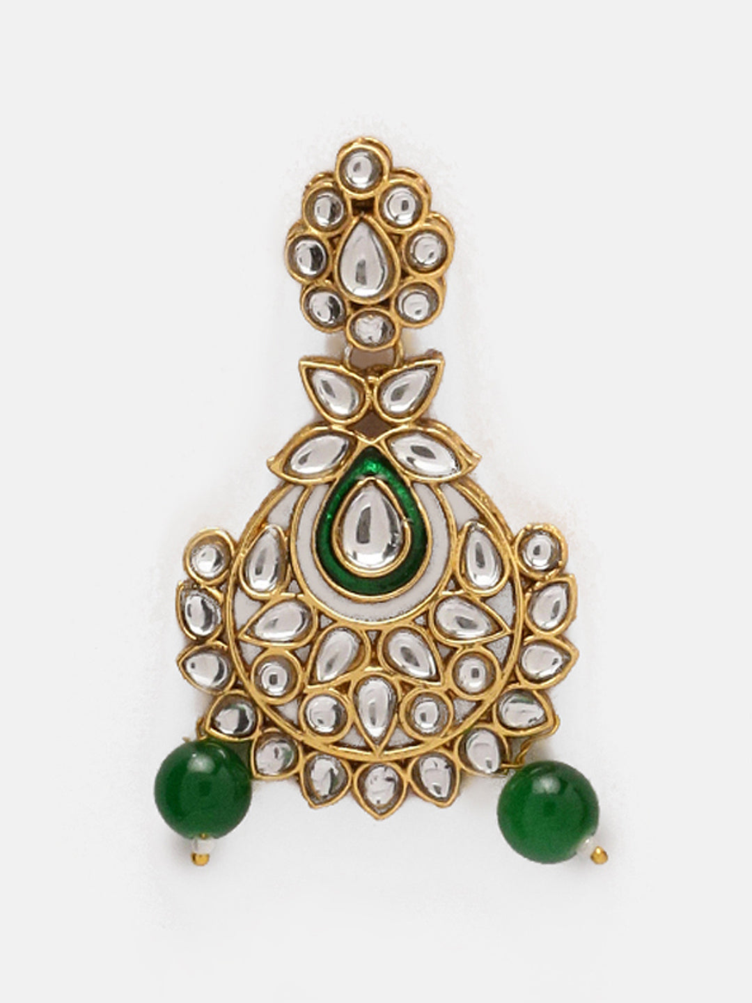 Priyaasi Magnificent Kundan Green Beads Necklace Chandbali Style Earrings with Elegant Maangtika