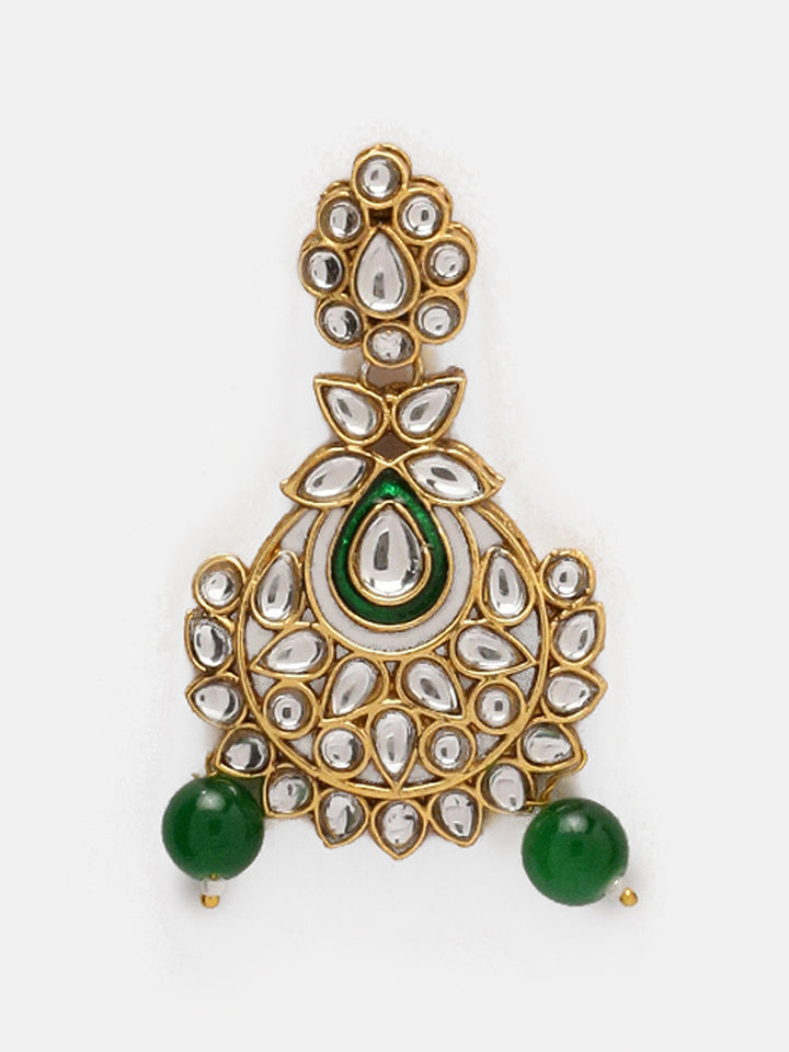 Priyaasi Magnificent Kundan Green Beads Necklace Chandbali Style Earrings with Elegant Maangtika