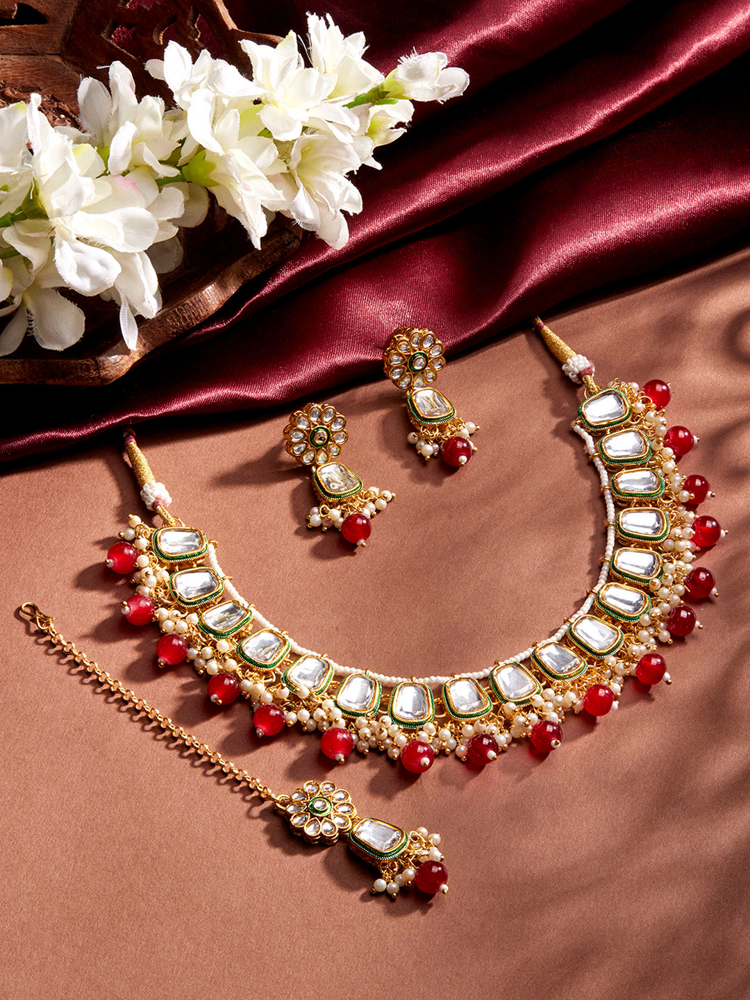 Priyaasi Red Kundan Beads Mini Pearl Necklace Floral earring with simple Maangtika