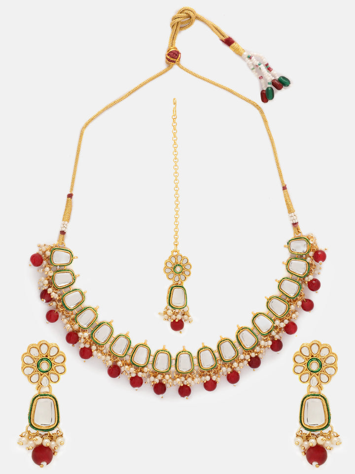 Priyaasi Red Kundan Beads Mini Pearl Necklace Floral earring with simple Maangtika