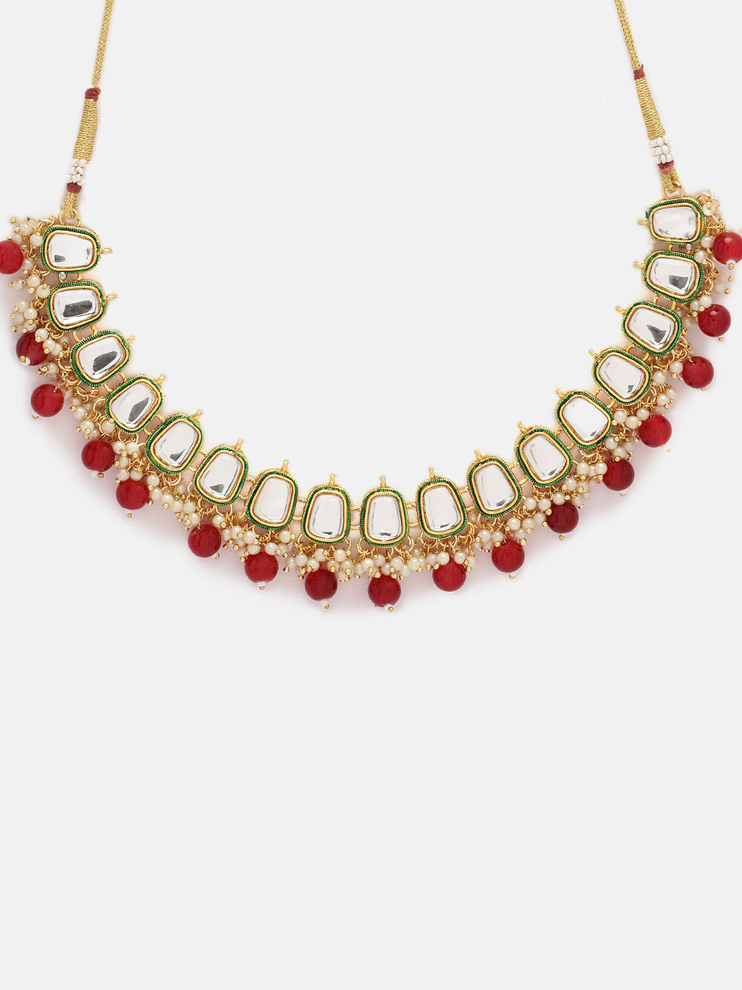 Priyaasi Red Kundan Beads Mini Pearl Necklace Floral earring with simple Maangtika