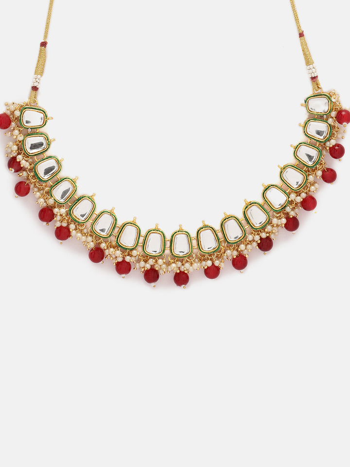 Priyaasi Red Kundan Beads Mini Pearl Necklace Floral earring with simple Maangtika