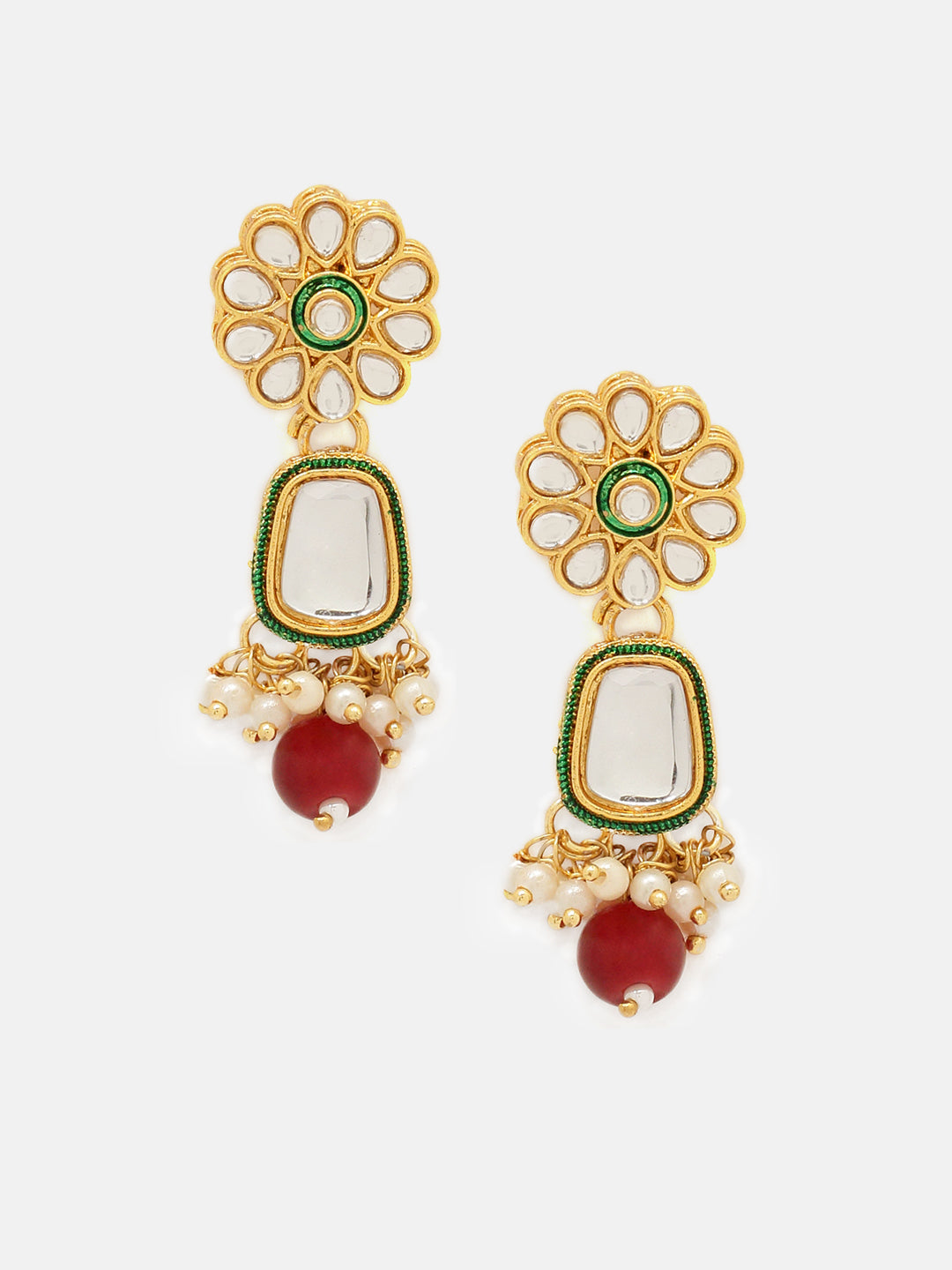 Priyaasi Red Kundan Beads Mini Pearl Necklace Floral earring with simple Maangtika