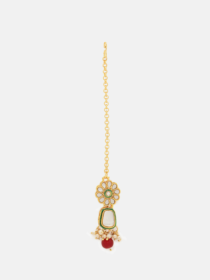 Priyaasi Red Kundan Beads Mini Pearl Necklace Floral earring with simple Maangtika