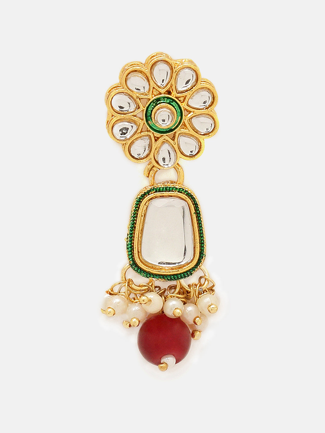 Priyaasi Red Kundan Beads Mini Pearl Necklace Floral earring with simple Maangtika