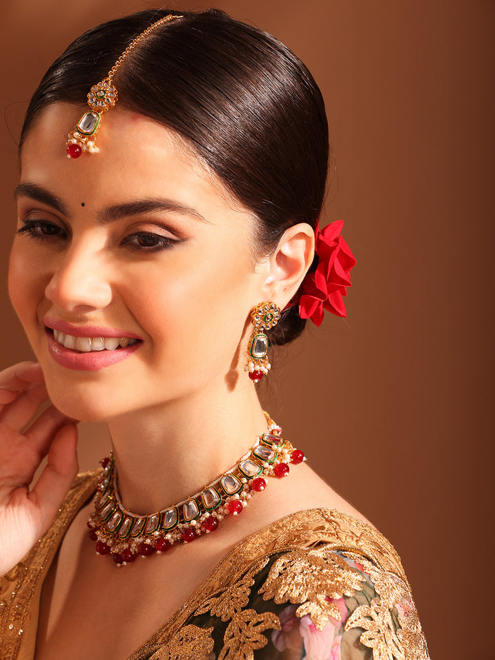 Priyaasi Red Kundan Beads Mini Pearl Necklace Floral earring with simple Maangtika