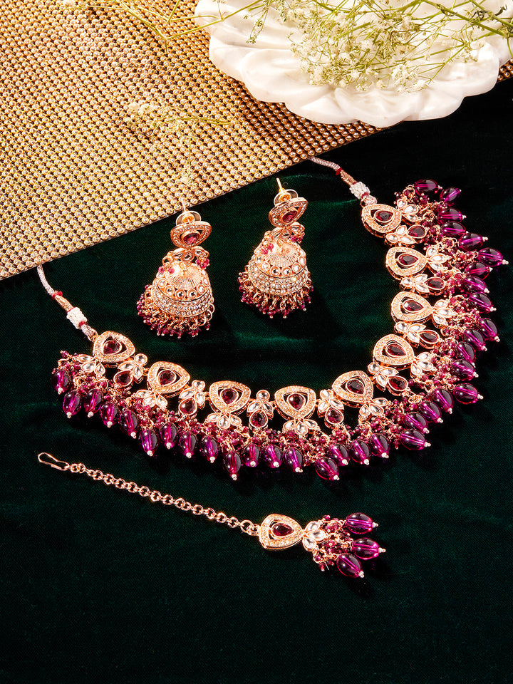 Priyaasi Opulent Wine Gold Plated Kundan White Stone Necklace Floral Earrings with Elegant Maangtika