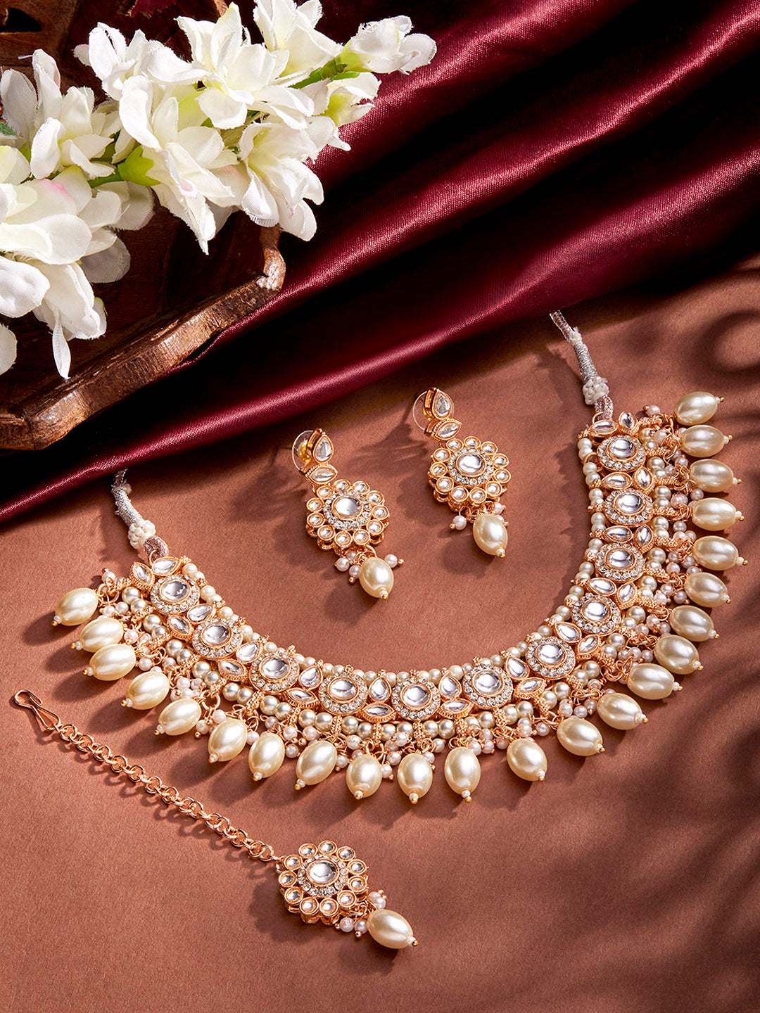 Priyaasi Kundan Pearl Elegance GOld Plated Necklace with Drop Earrings and Floral Maangtika jewellery Set