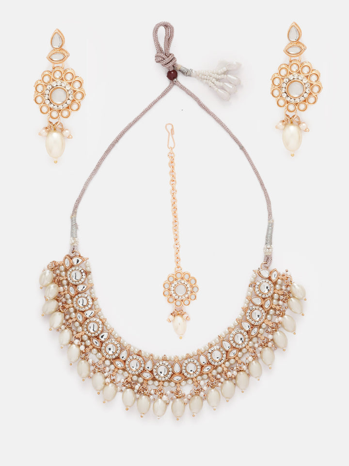 Priyaasi Kundan Pearl Elegance GOld Plated Necklace with Drop Earrings and Floral Maangtika jewellery Set