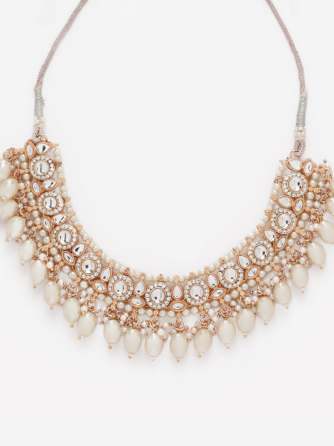 Priyaasi Kundan Pearl Elegance GOld Plated Necklace with Drop Earrings and Floral Maangtika jewellery Set