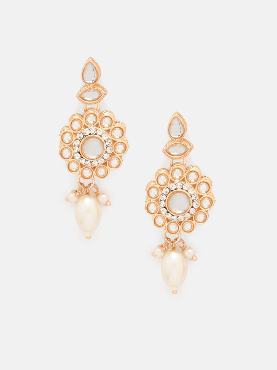 Priyaasi Kundan Pearl Elegance GOld Plated Necklace with Drop Earrings and Floral Maangtika jewellery Set