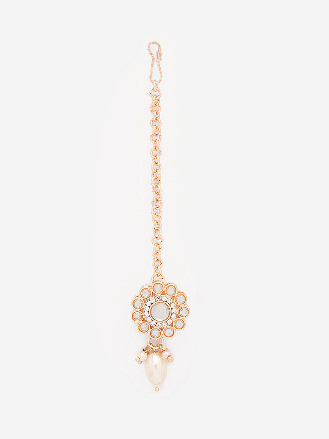 Priyaasi Kundan Pearl Elegance GOld Plated Necklace with Drop Earrings and Floral Maangtika jewellery Set