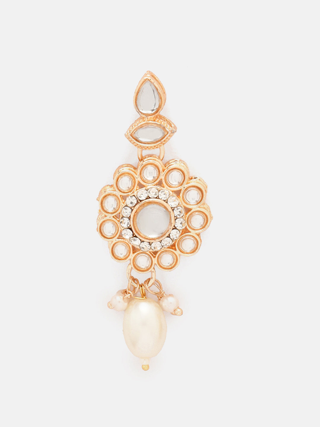 Priyaasi Kundan Pearl Elegance GOld Plated Necklace with Drop Earrings and Floral Maangtika jewellery Set