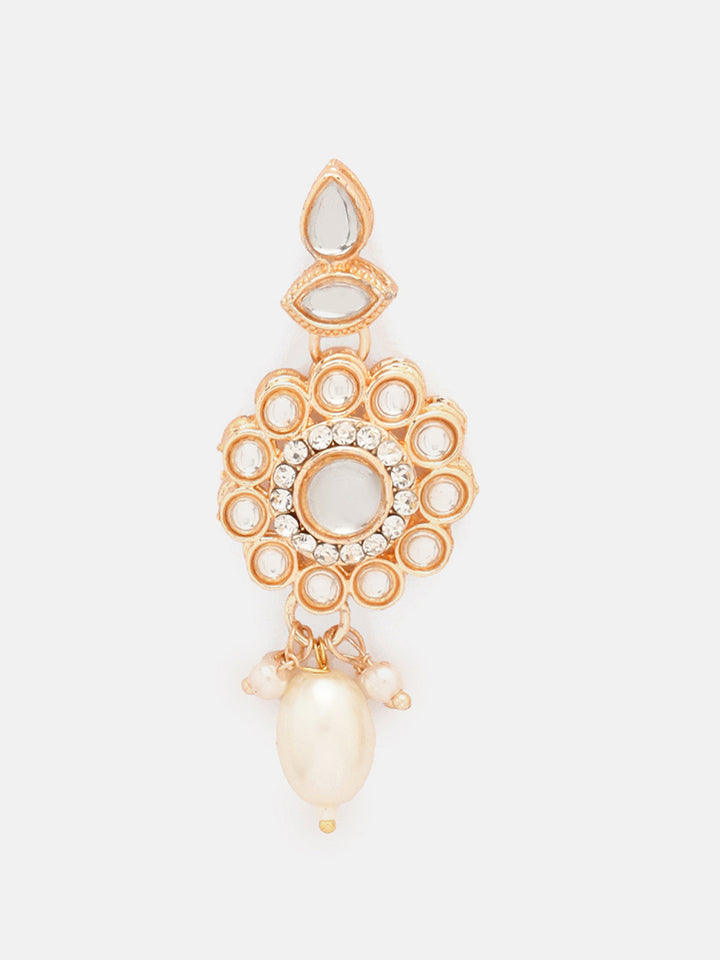 Priyaasi Kundan Pearl Elegance GOld Plated Necklace with Drop Earrings and Floral Maangtika jewellery Set