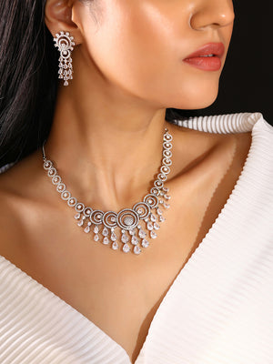 Priyaasi AD Statement Elegance Silver Plating Necklace with Geometry Pattern Drop earrings Jewellery Set