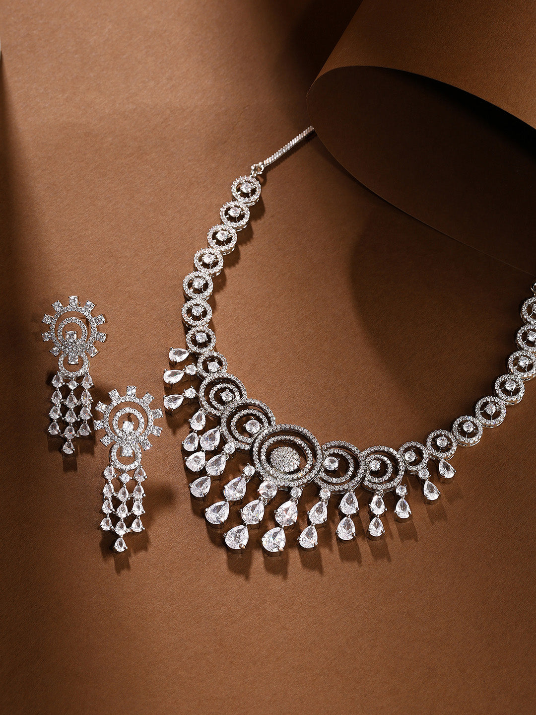 Priyaasi AD Statement Elegance Silver Plating Necklace with Geometry Pattern Drop earrings Jewellery Set