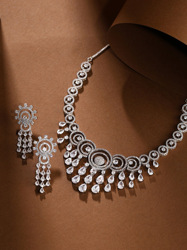 Priyaasi AD Statement Elegance Silver Plating Necklace with Geometry Pattern Drop earrings Jewellery Set