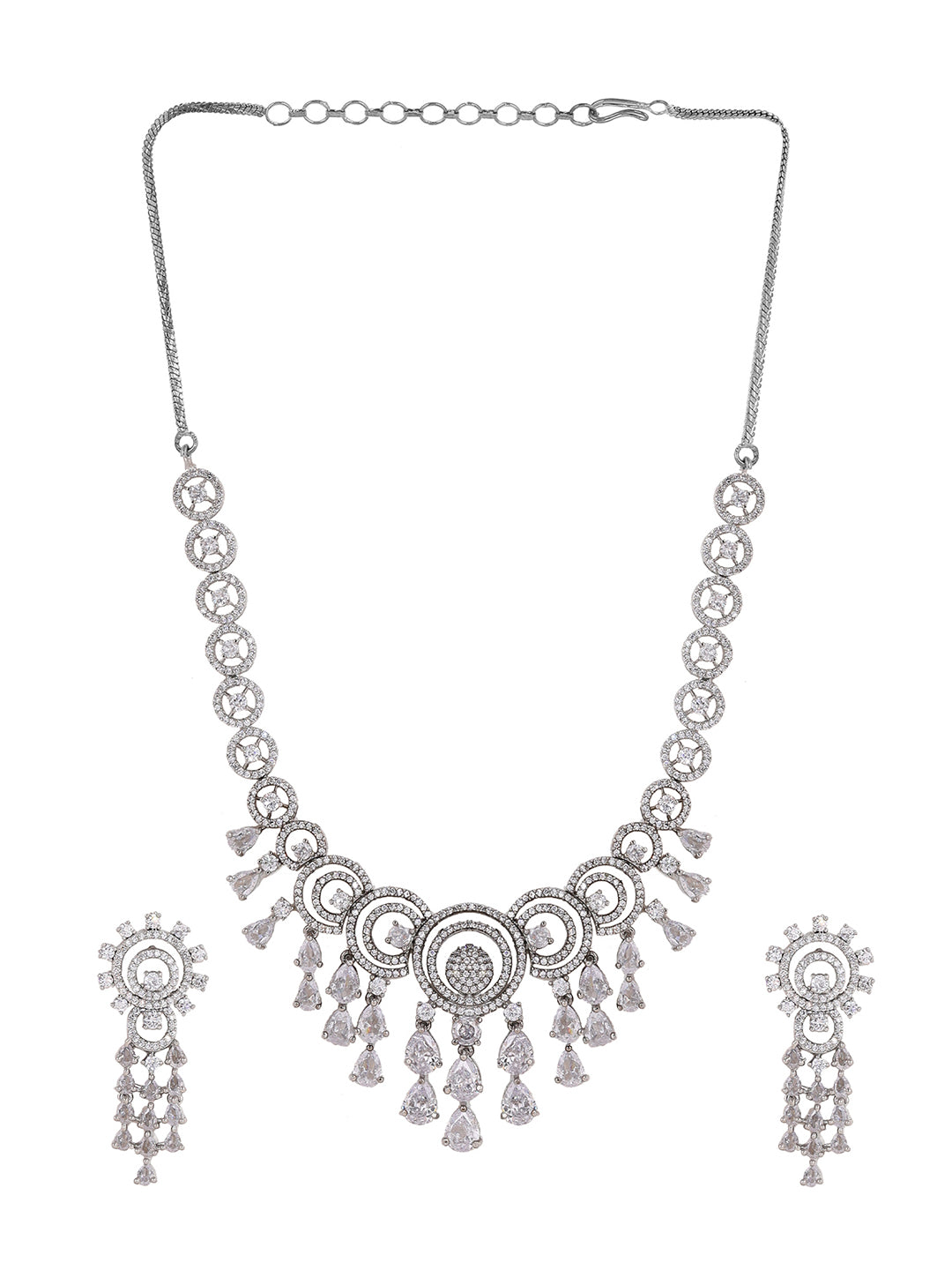 Priyaasi AD Statement Elegance Silver Plating Necklace with Geometry Pattern Drop earrings Jewellery Set