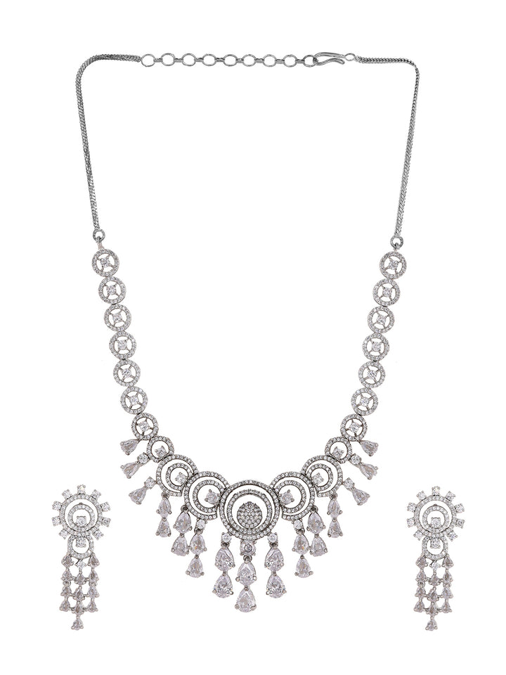 Priyaasi AD Statement Elegance Silver Plating Necklace with Geometry Pattern Drop earrings Jewellery Set