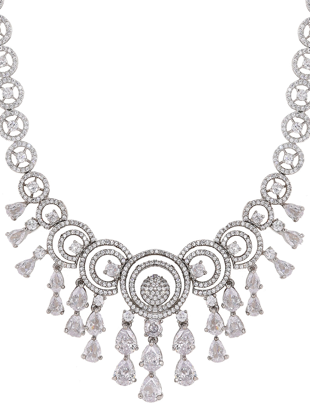 Priyaasi AD Statement Elegance Silver Plating Necklace with Geometry Pattern Drop earrings Jewellery Set