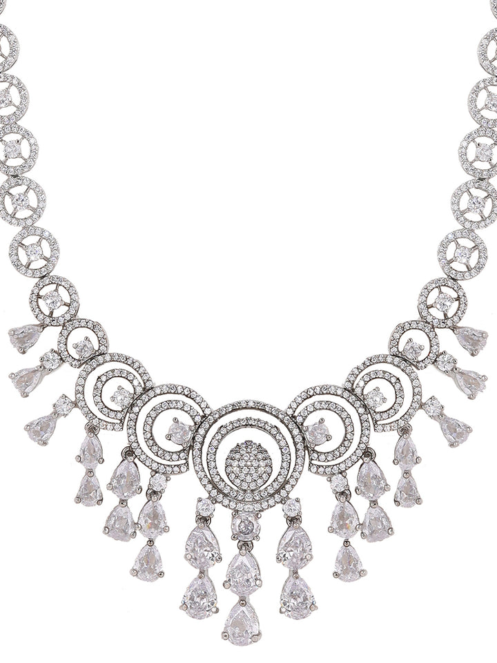 Priyaasi AD Statement Elegance Silver Plating Necklace with Geometry Pattern Drop earrings Jewellery Set