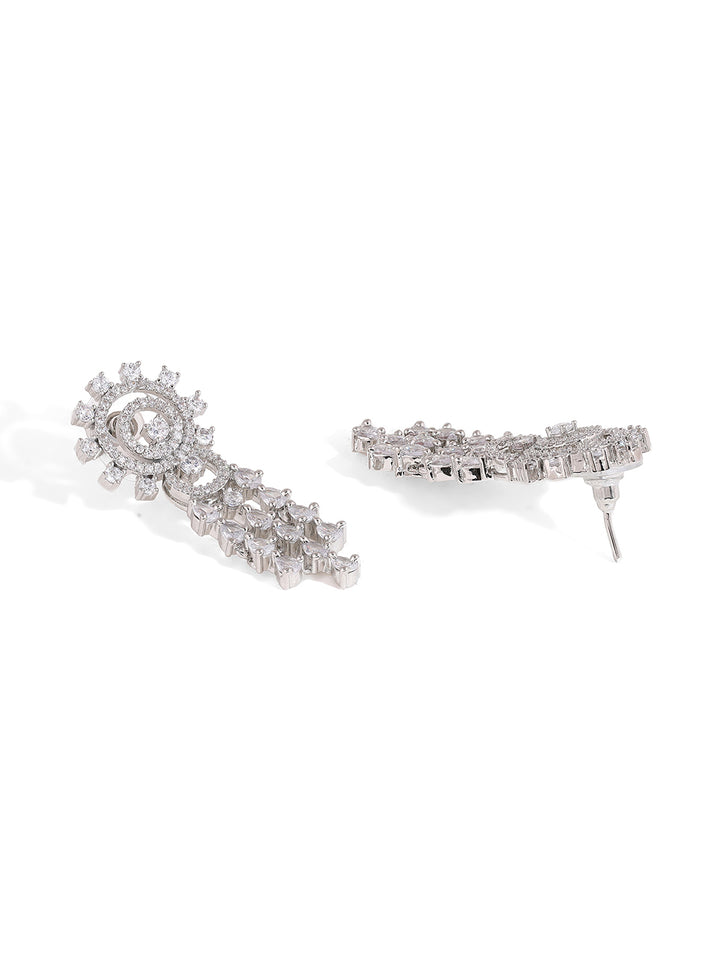 Priyaasi AD Statement Elegance Silver Plating Necklace with Geometry Pattern Drop earrings Jewellery Set