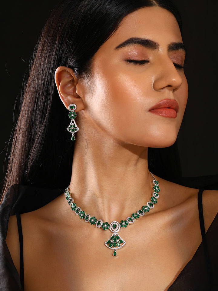 Priyaasi Emerald Floral Design Silver Plating AD Necklace with Drop Earrings Jewellery Set