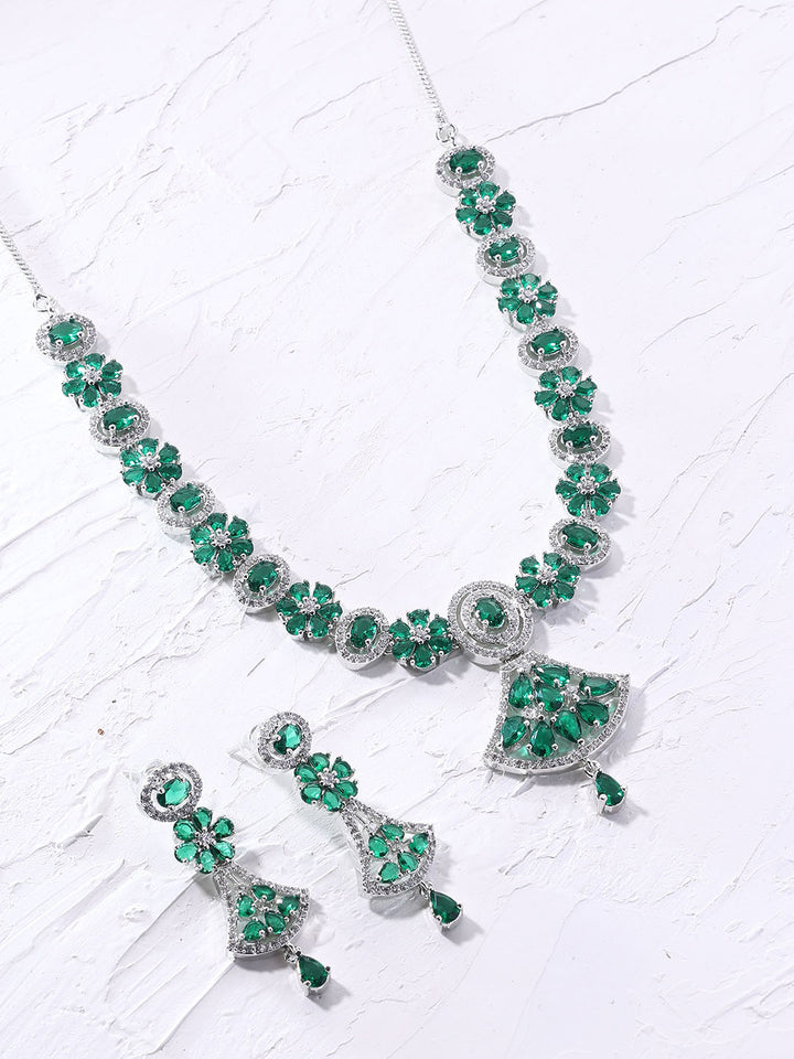 Priyaasi Emerald Floral Design Silver Plating AD Necklace with Drop Earrings Jewellery Set