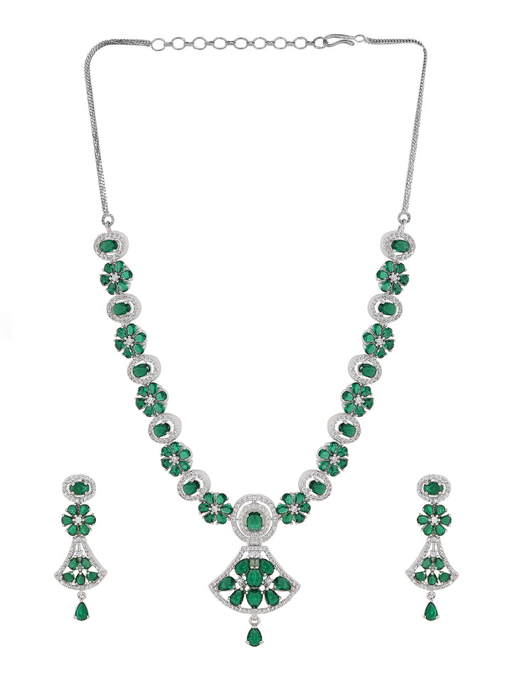 Priyaasi Emerald Floral Design Silver Plating AD Necklace with Drop Earrings Jewellery Set