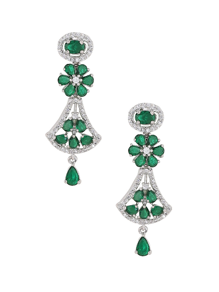 Priyaasi Emerald Floral Design Silver Plating AD Necklace with Drop Earrings Jewellery Set