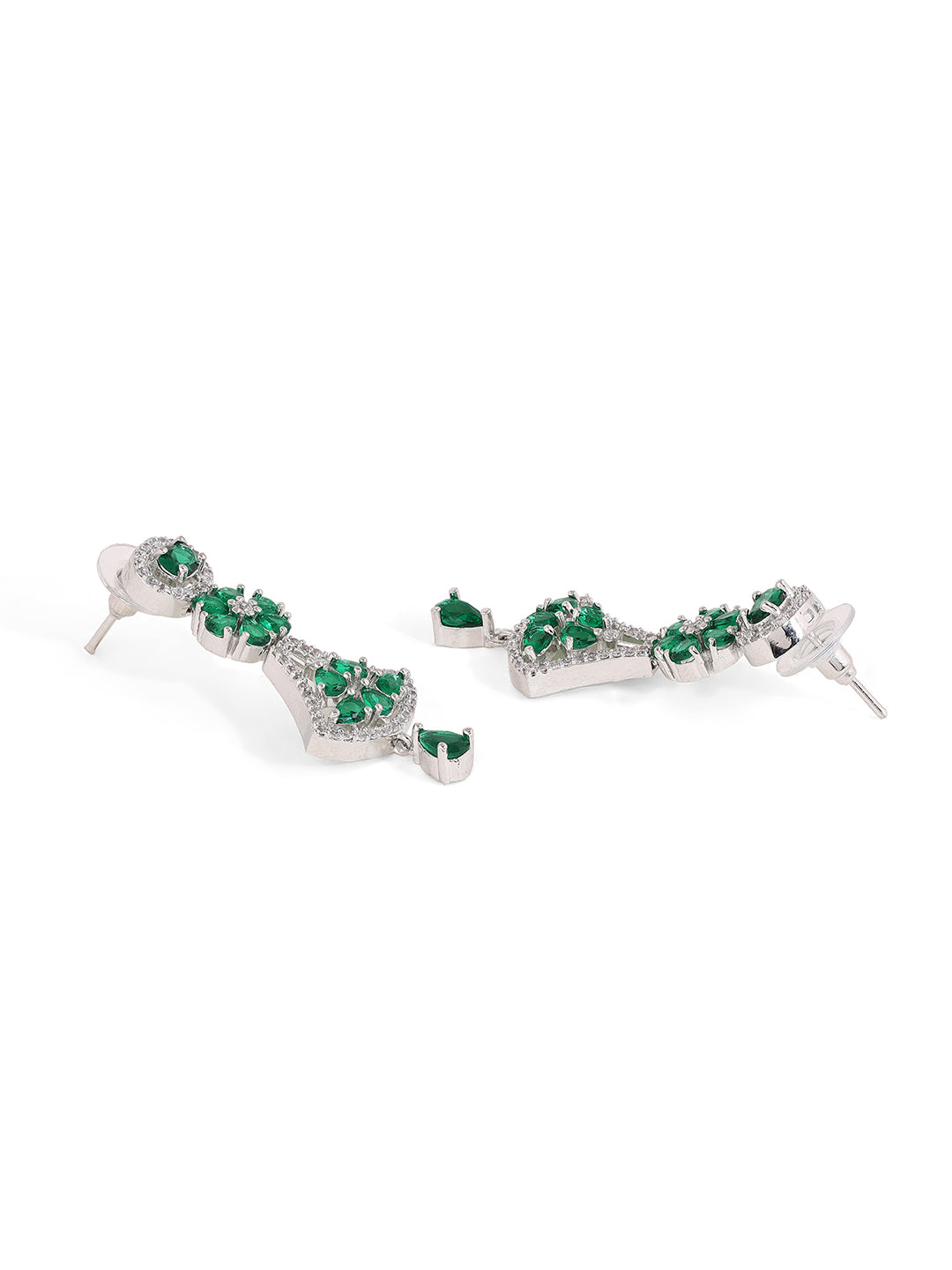 Priyaasi Emerald Floral Design Silver Plating AD Necklace with Drop Earrings Jewellery Set