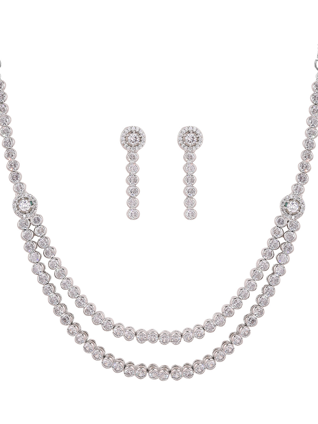 Priyaasi Statement Two layered Silver Plating Fancy Necklace with Geometrical Patern Drop Earrings Jewellery Set