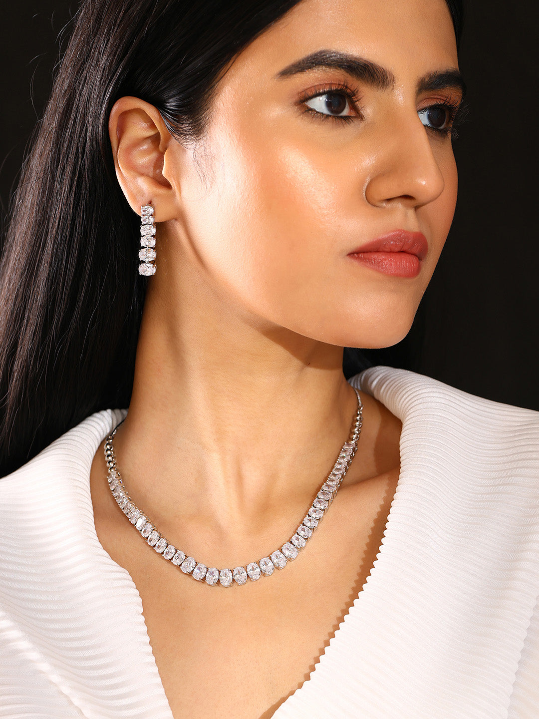 Priyaasi Statement Geometrical Design AD Stoned Silver Plating Necklace with Simple Drop Earrings Jewellery Set