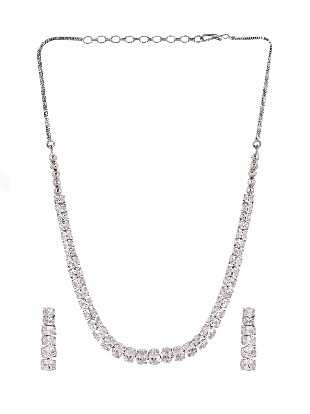 Priyaasi Statement Geometrical Design AD Stoned Silver Plating Necklace with Simple Drop Earrings Jewellery Set