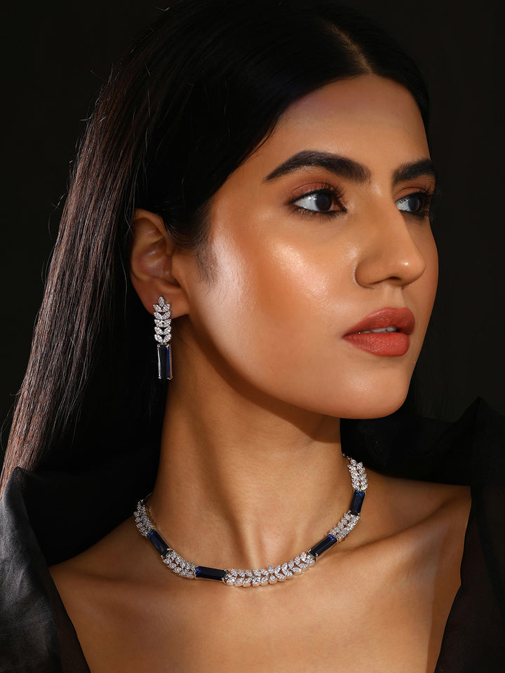 Priyaasi Leaf Royal Blue Stoned AD Chic Silver Plating Necklace with Drop Earrings Jewellery Set