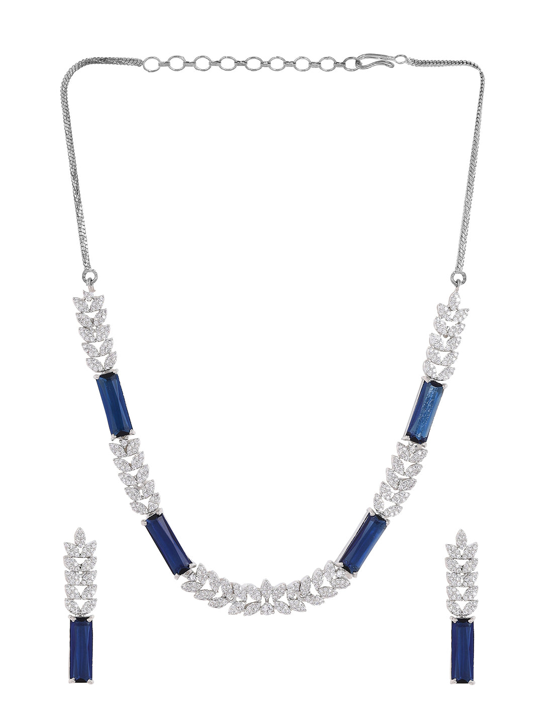 Priyaasi Leaf Royal Blue Stoned AD Chic Silver Plating Necklace with Drop Earrings Jewellery Set