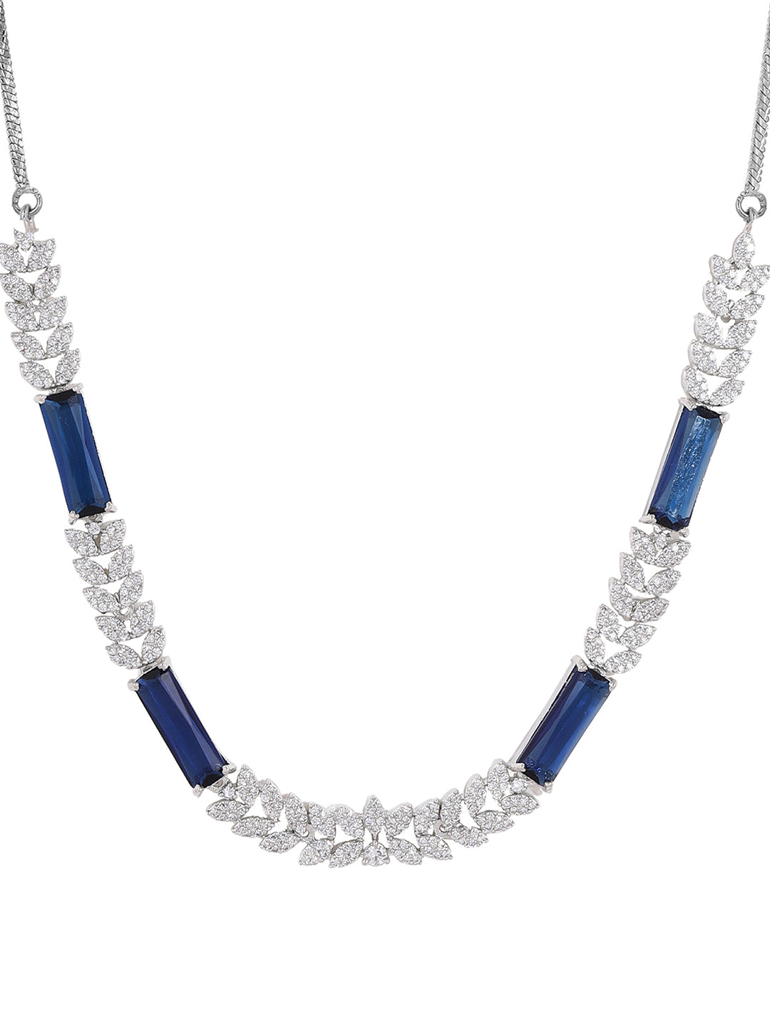 Priyaasi Leaf Royal Blue Stoned AD Chic Silver Plating Necklace with Drop Earrings Jewellery Set