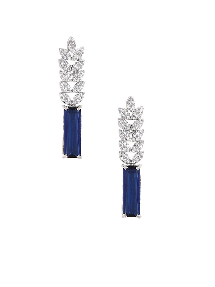 Priyaasi Leaf Royal Blue Stoned AD Chic Silver Plating Necklace with Drop Earrings Jewellery Set