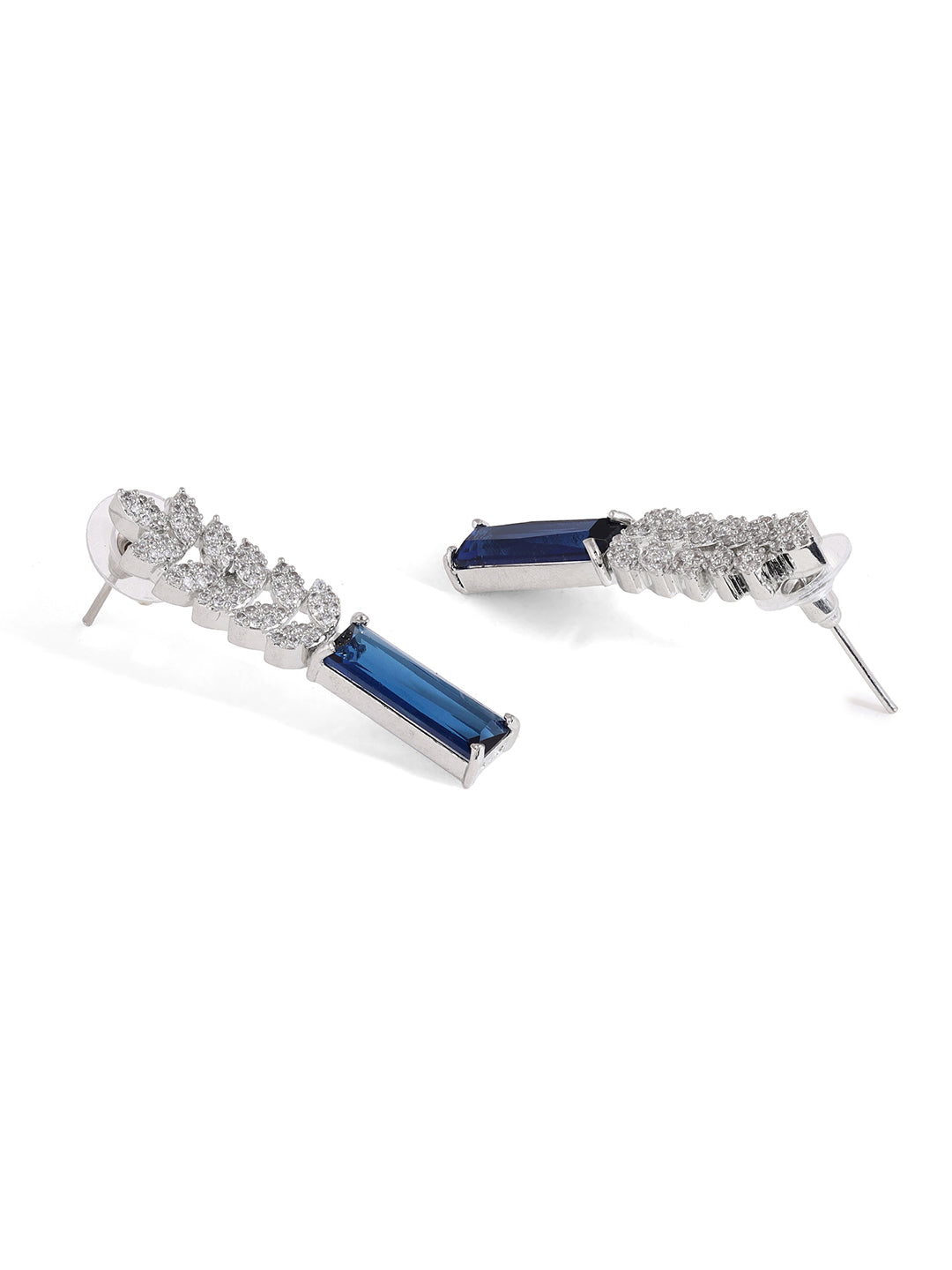 Priyaasi Leaf Royal Blue Stoned AD Chic Silver Plating Necklace with Drop Earrings Jewellery Set