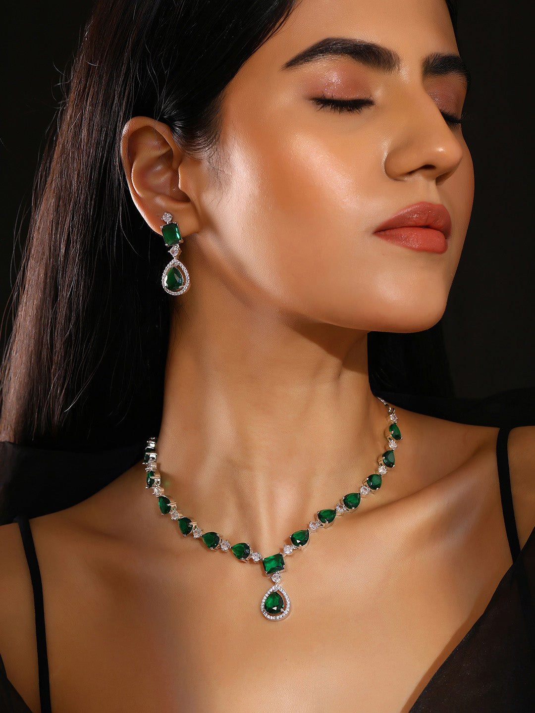 Priyaasi Drop Emerald Epic Silver Plating Necklace with an Elegant Drop Earrings Jewellery Set