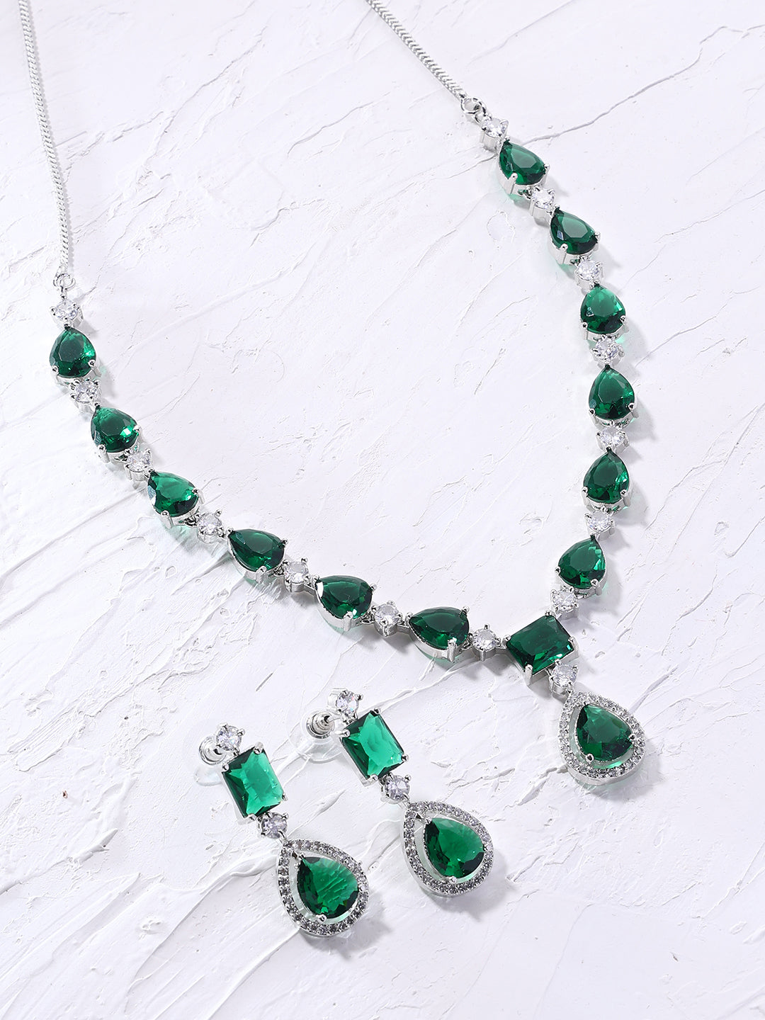 Priyaasi Drop Emerald Epic Silver Plating Necklace with an Elegant Drop Earrings Jewellery Set