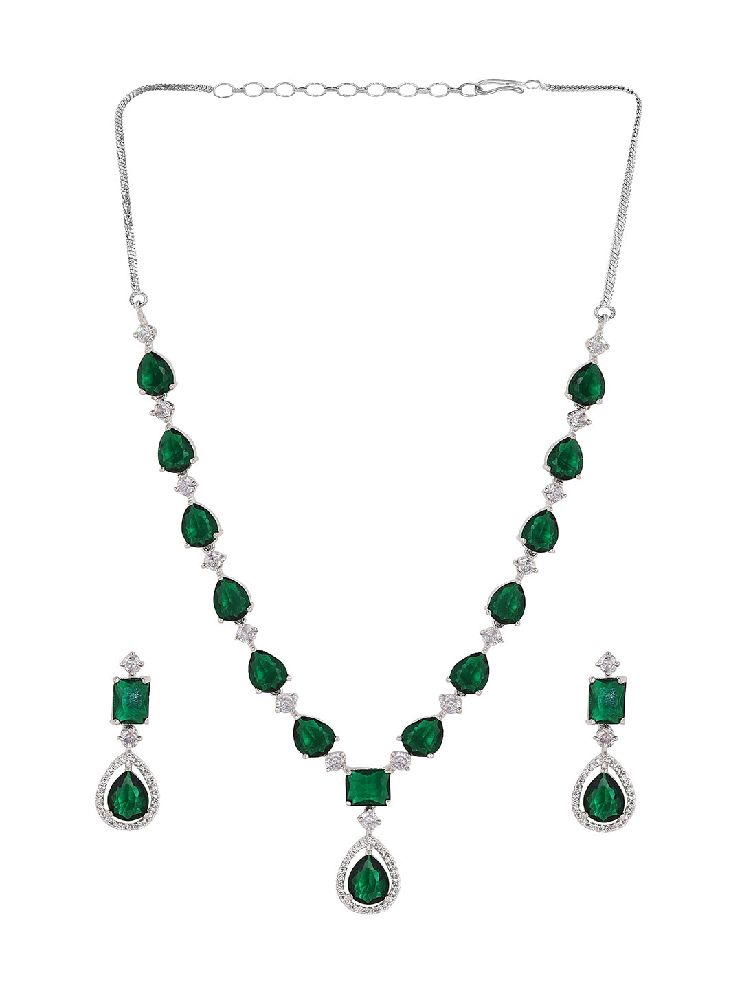 Priyaasi Drop Emerald Epic Silver Plating Necklace with an Elegant Drop Earrings Jewellery Set