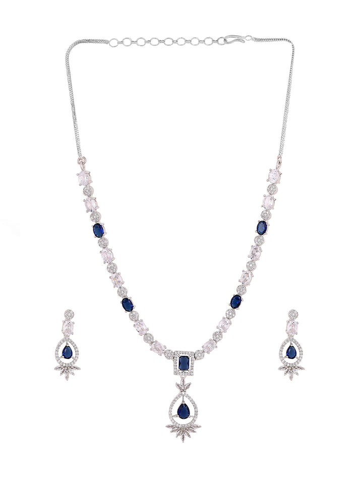 Priyaasi Royal Blue Stone AD Majestic Elegance Silver Plating Necklace with Floral Drop Earrings Jewelery Set