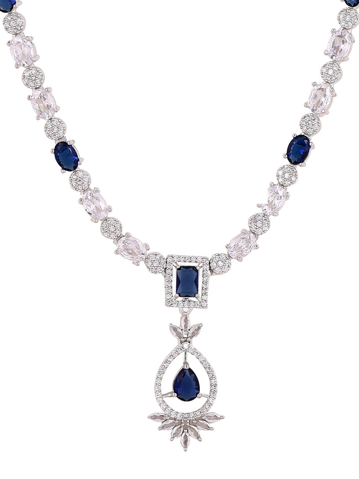 Priyaasi Royal Blue Stone AD Majestic Elegance Silver Plating Necklace with Floral Drop Earrings Jewelery Set