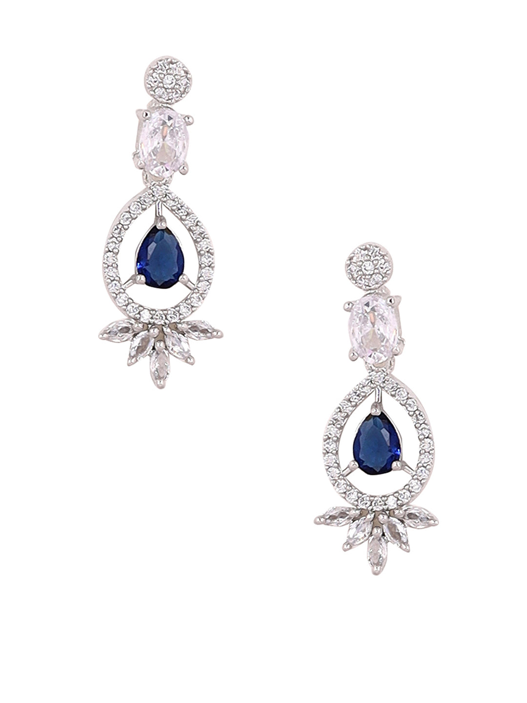 Priyaasi Royal Blue Stone AD Majestic Elegance Silver Plating Necklace with Floral Drop Earrings Jewelery Set